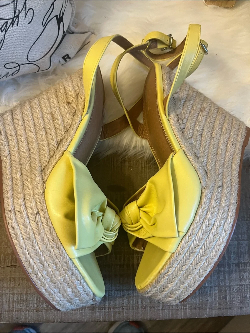 Yellow soft leather Knot Espadrille Wedge Sandals with Ankle Strap - Women